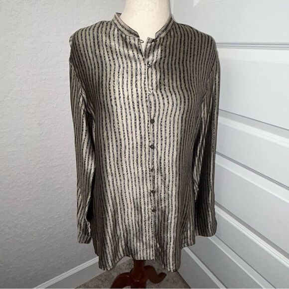 Vintage Anne Klein II Stripe Print Loop Button Front Silk Shirt Blouse Tunic Top - Picture 1 of 9